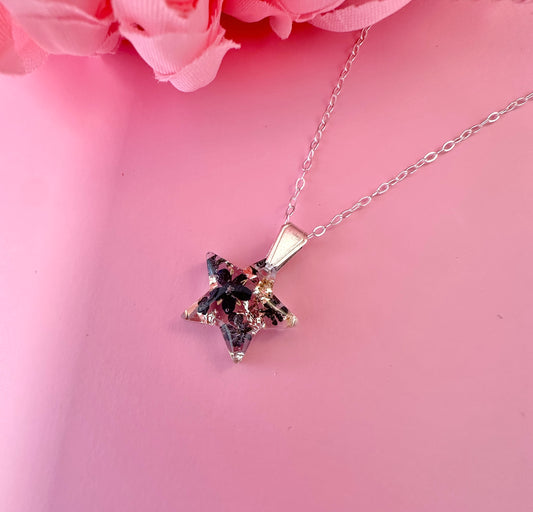 Tiny Black flower Star Silver necklace.