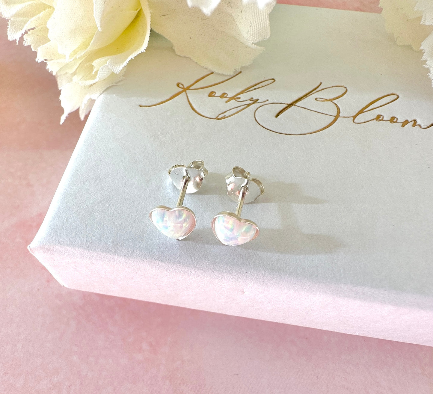 925 Sterling silver White Opal heart stud earrings.