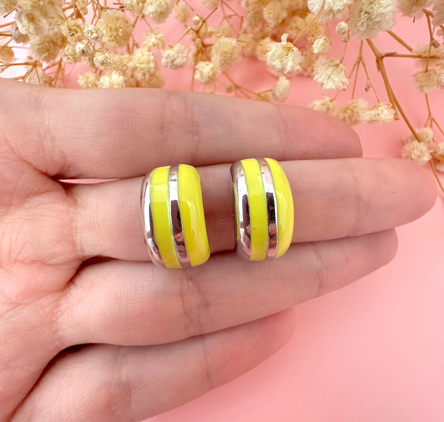 Silver Enamel stripe half Hoop stud earrings.