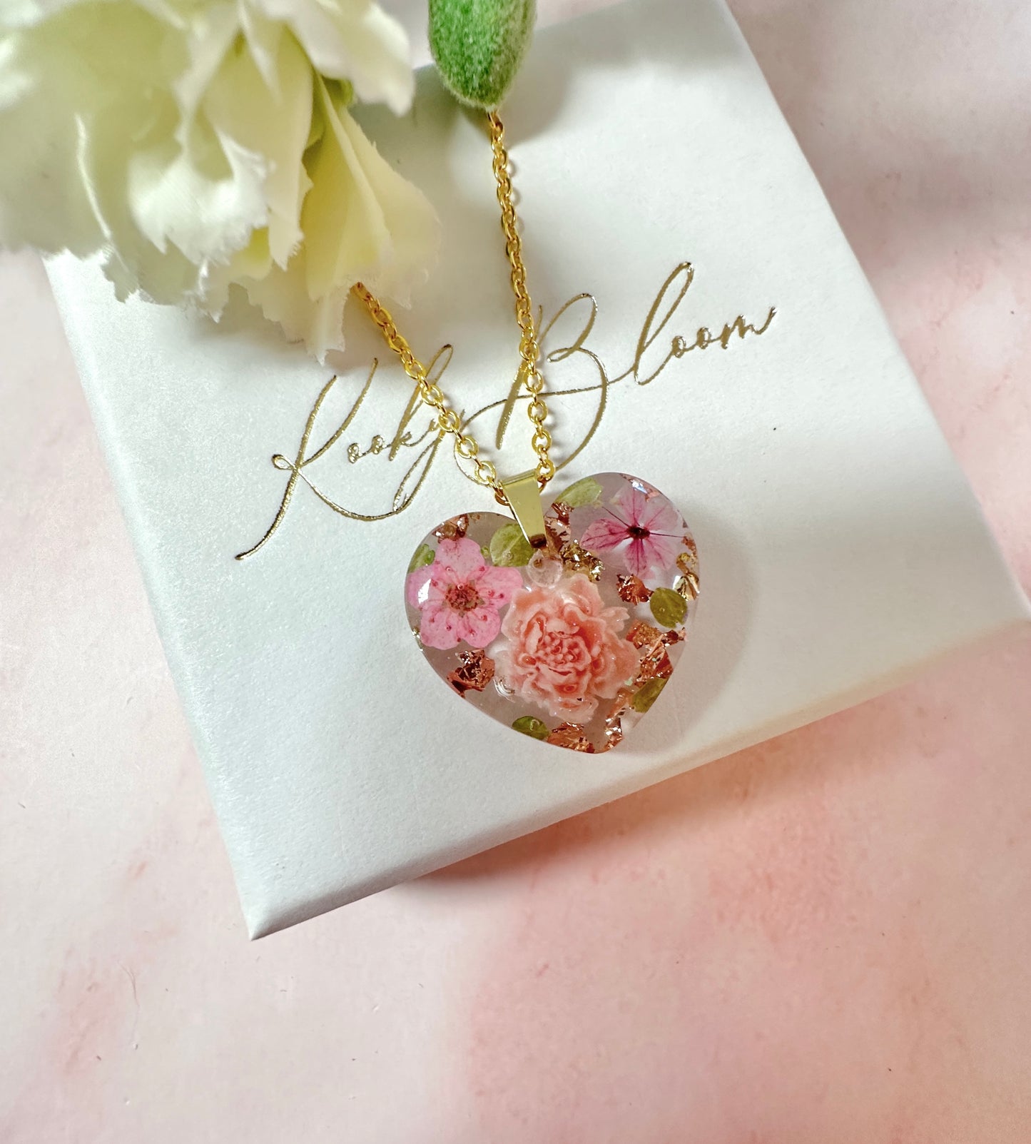 Gold Blush pink blossom heart Necklace