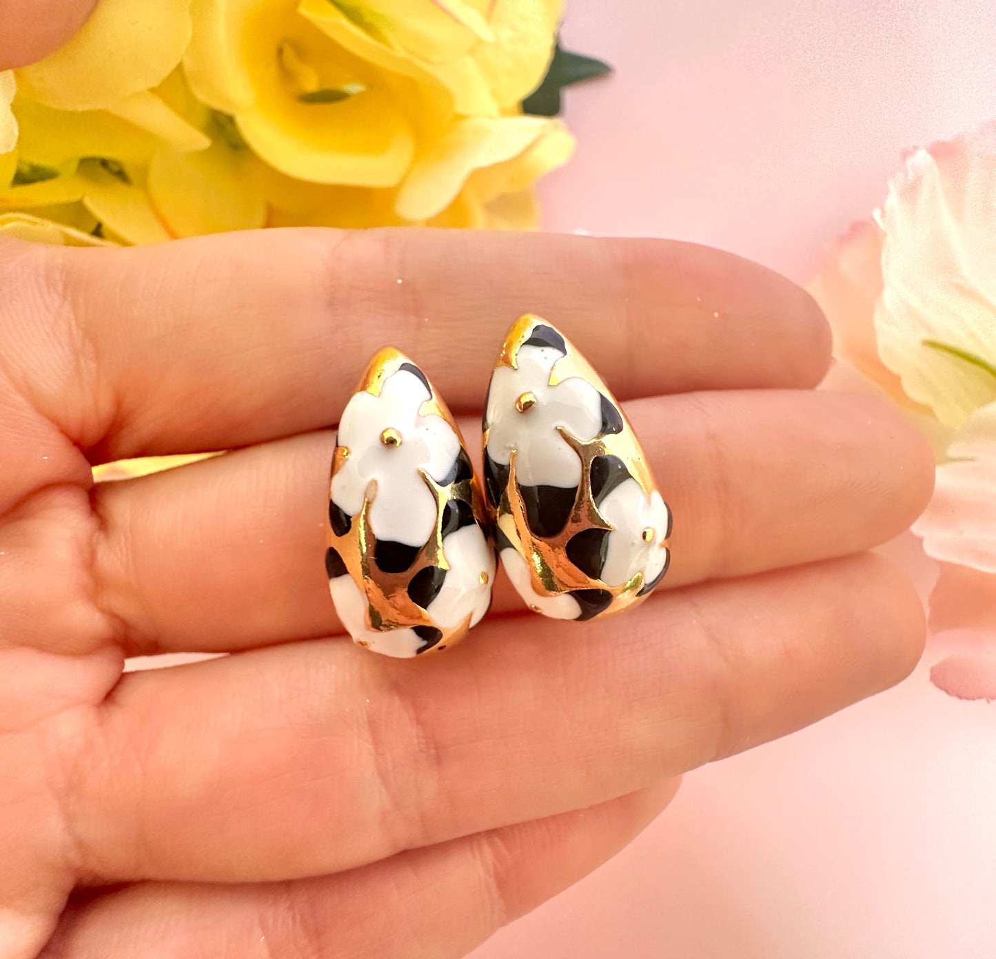 Black White painted Gold Teardrop earrings.