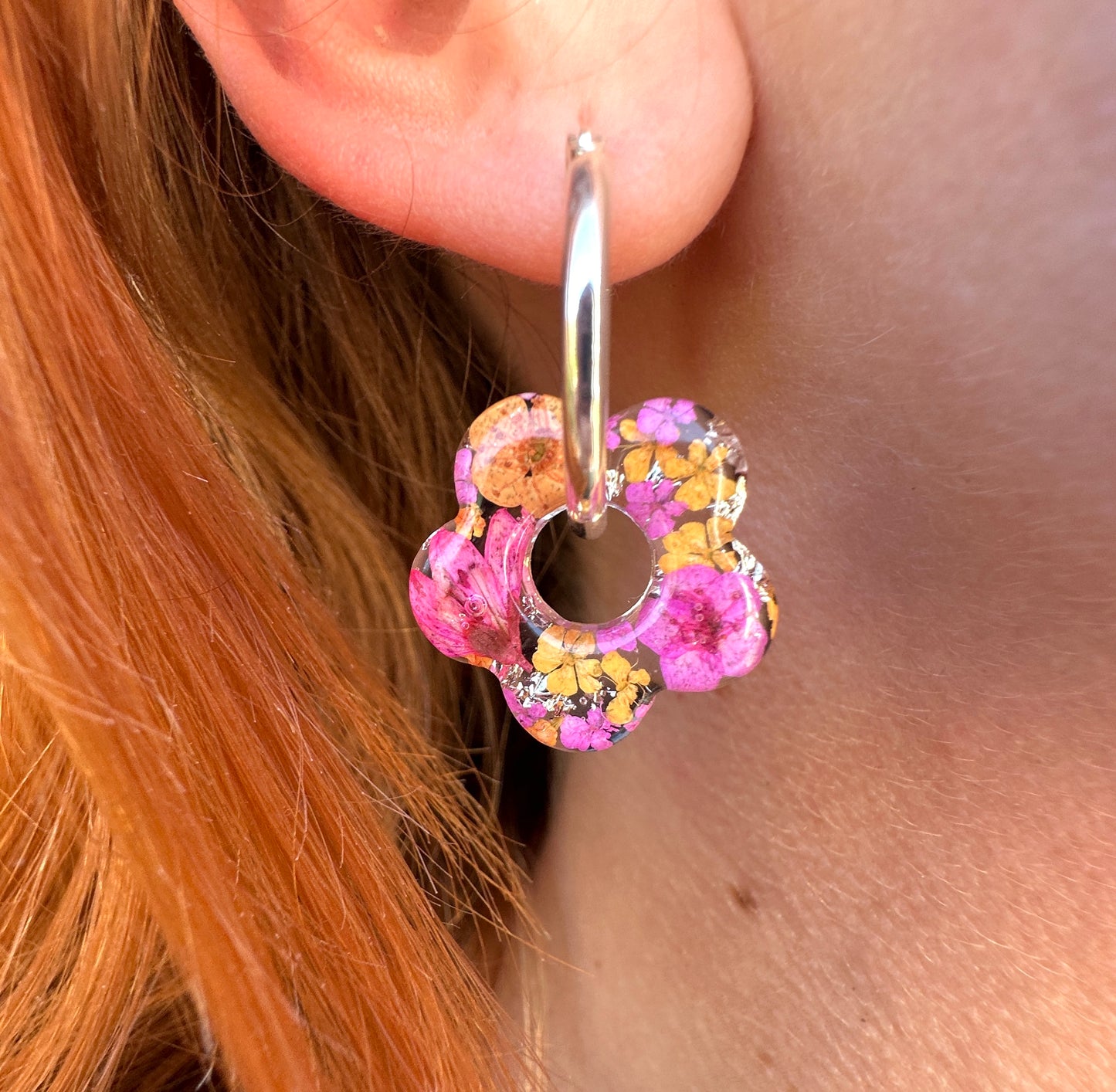 Citrus Pink Bloom Flower Hoop earrings.