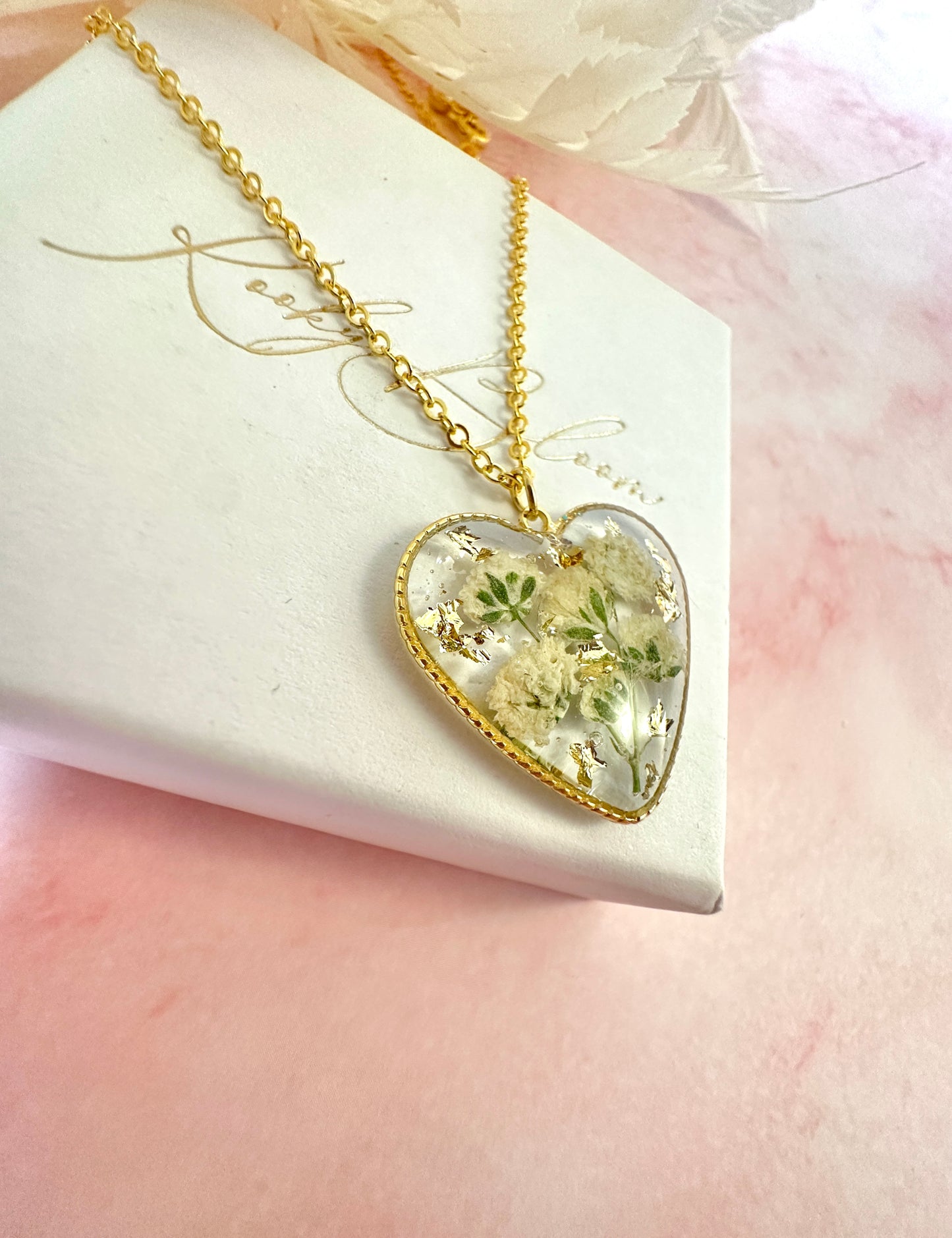 Gold Gypsophila flower Heart necklace.