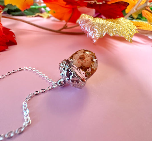 Silver real flower & Autumn leaf Acorn necklace.