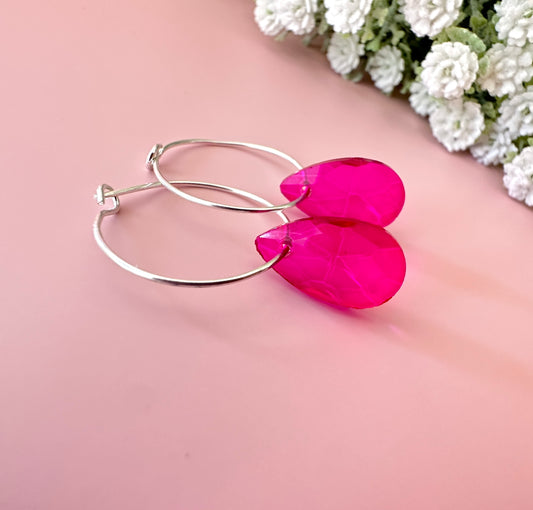 925 sterling silver Fuchsia Teardrop glass earrings.