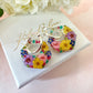 Colourful flower hexagon bloom earrings.