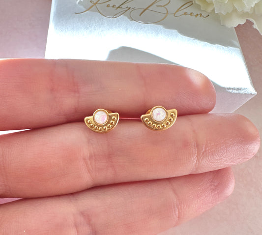 Gold Opal Semicircle stud earrings.