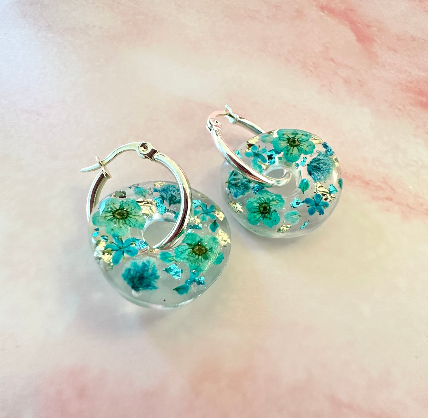 Turquoise Aqua flower bloom donut earrings.