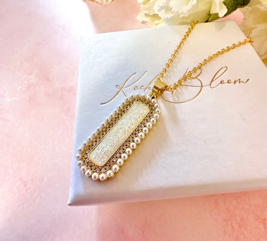 Gold rectangle Opal & Pearl Necklace.