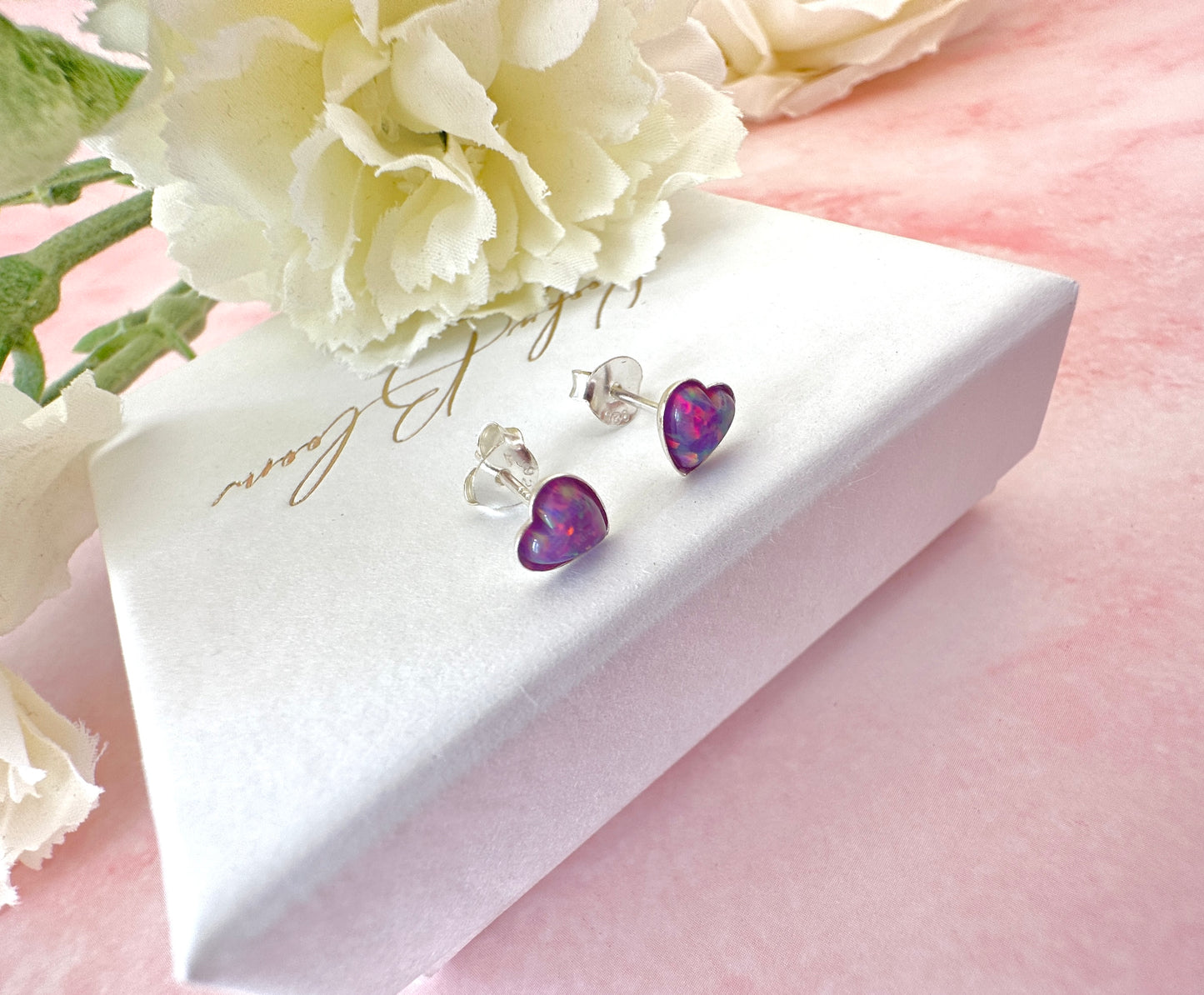 925 Sterling silver Purple Opal Heart stud earrings.