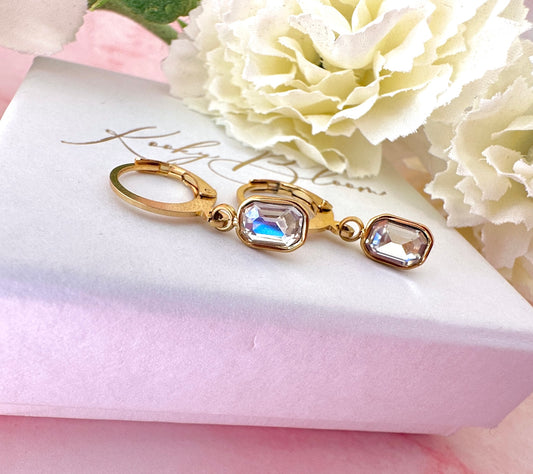 Gold Rectangle stone Huggie earrings.