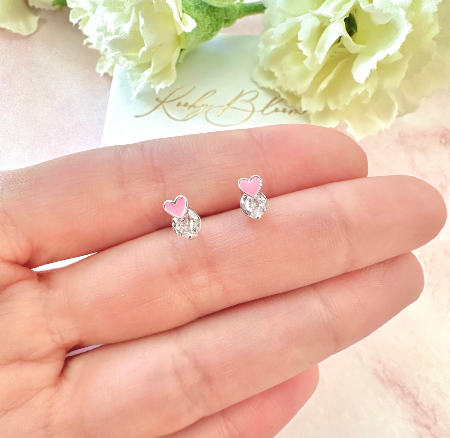 925 sterling silver Tiny Pink heart CZ stud earrings.