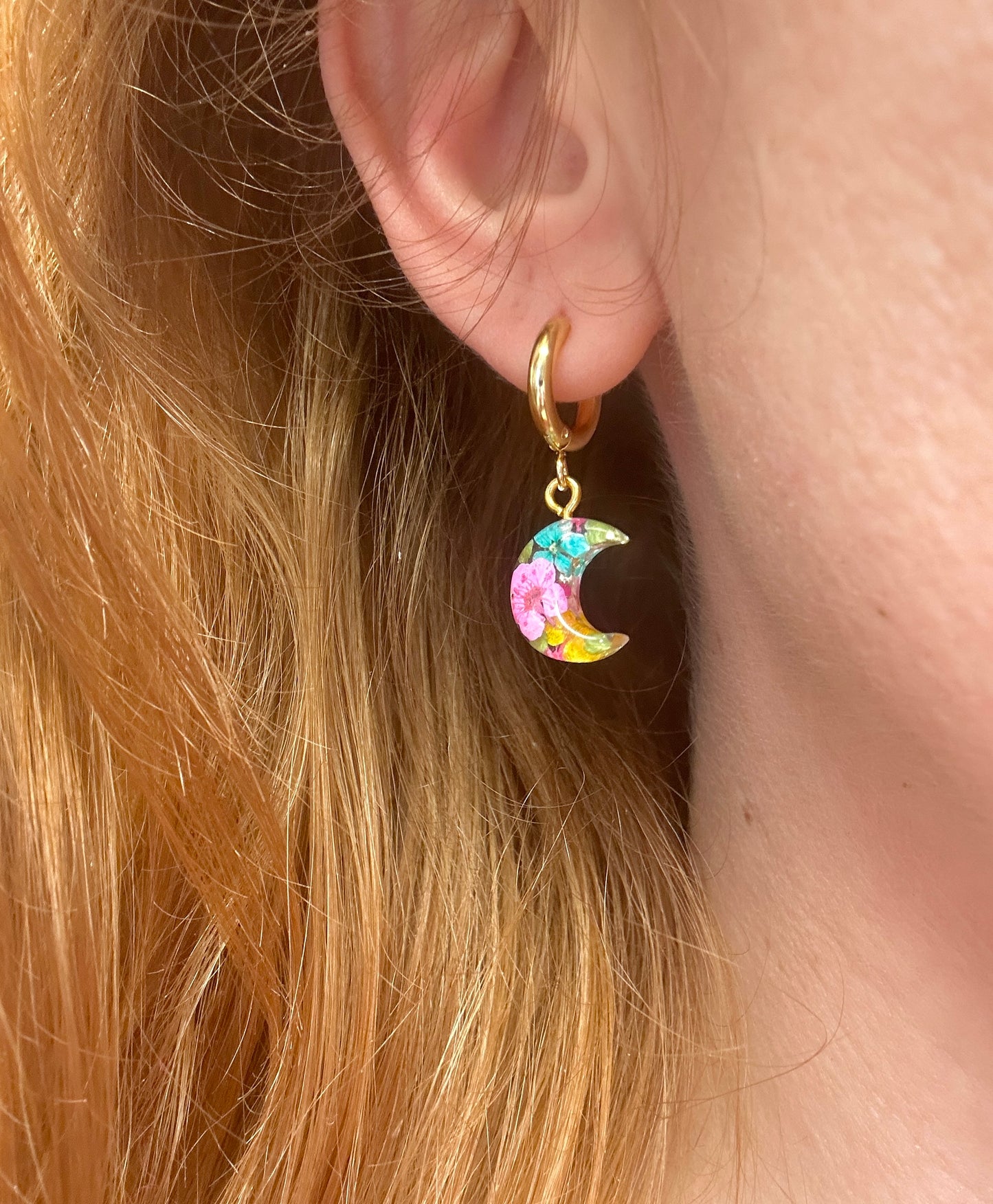 Tropical Moon flower huggie hoop earrings.