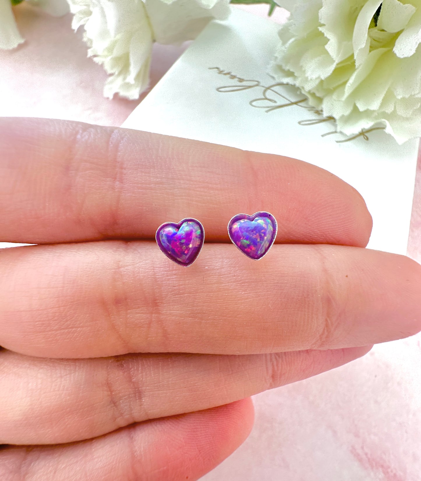 925 Sterling silver Purple Opal Heart stud earrings.