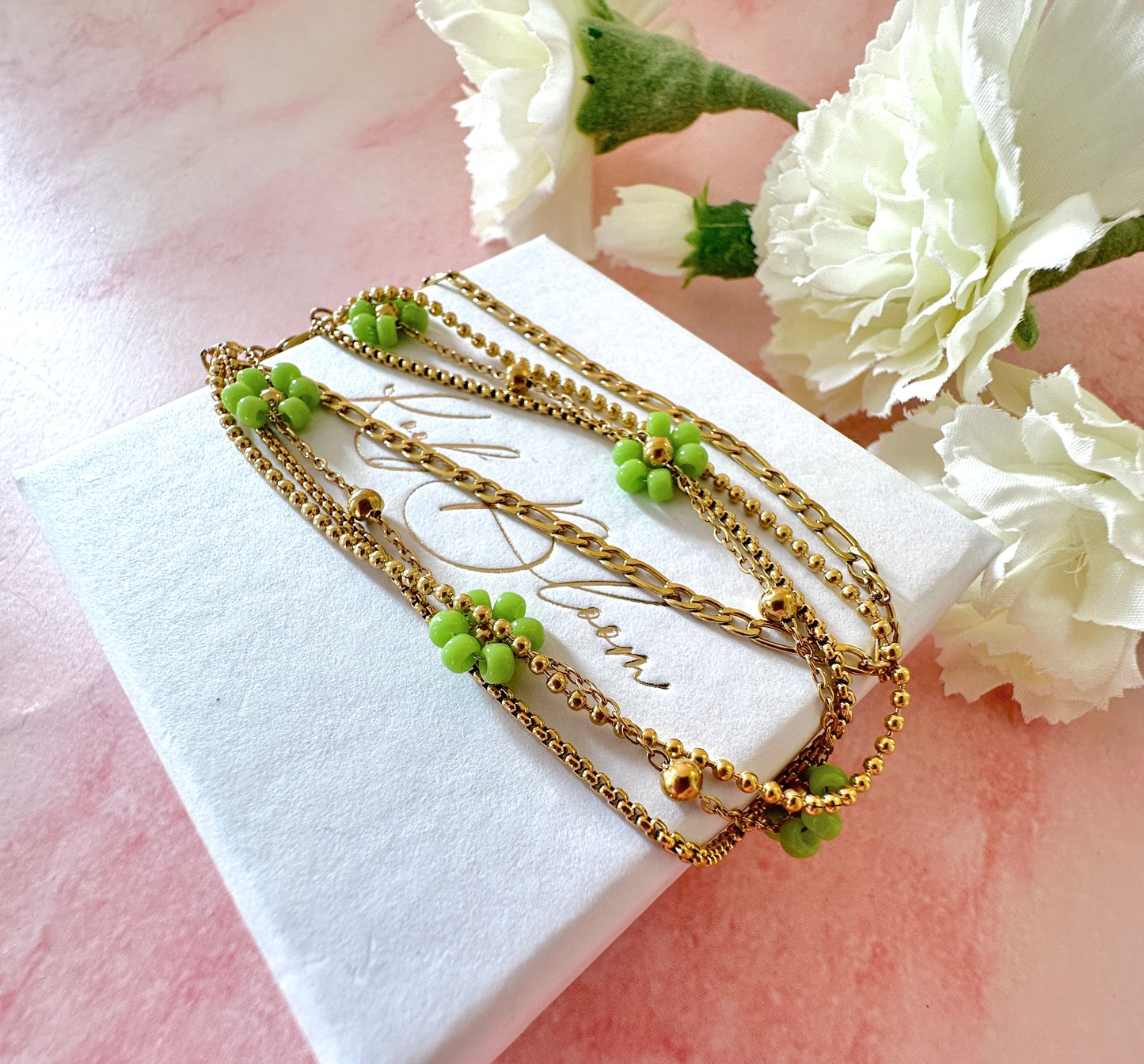 Gold & Green layered beaded Flower bracelet.