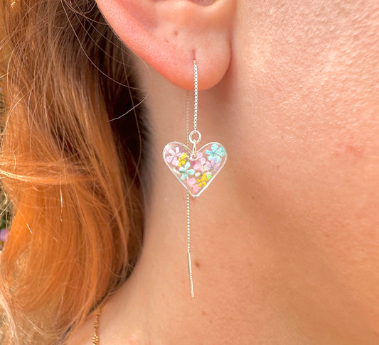 Iridescent real flower confetti Heart silver Thread Through earrings.