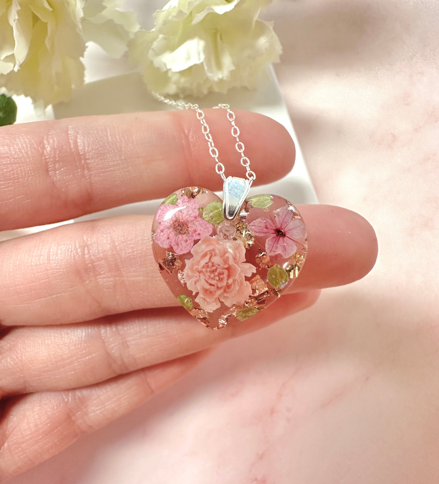 Blush pink blossom Silver Heart necklace.