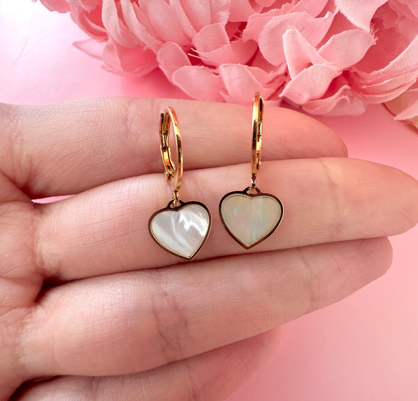 Gold Pearl Heart huggie earrings