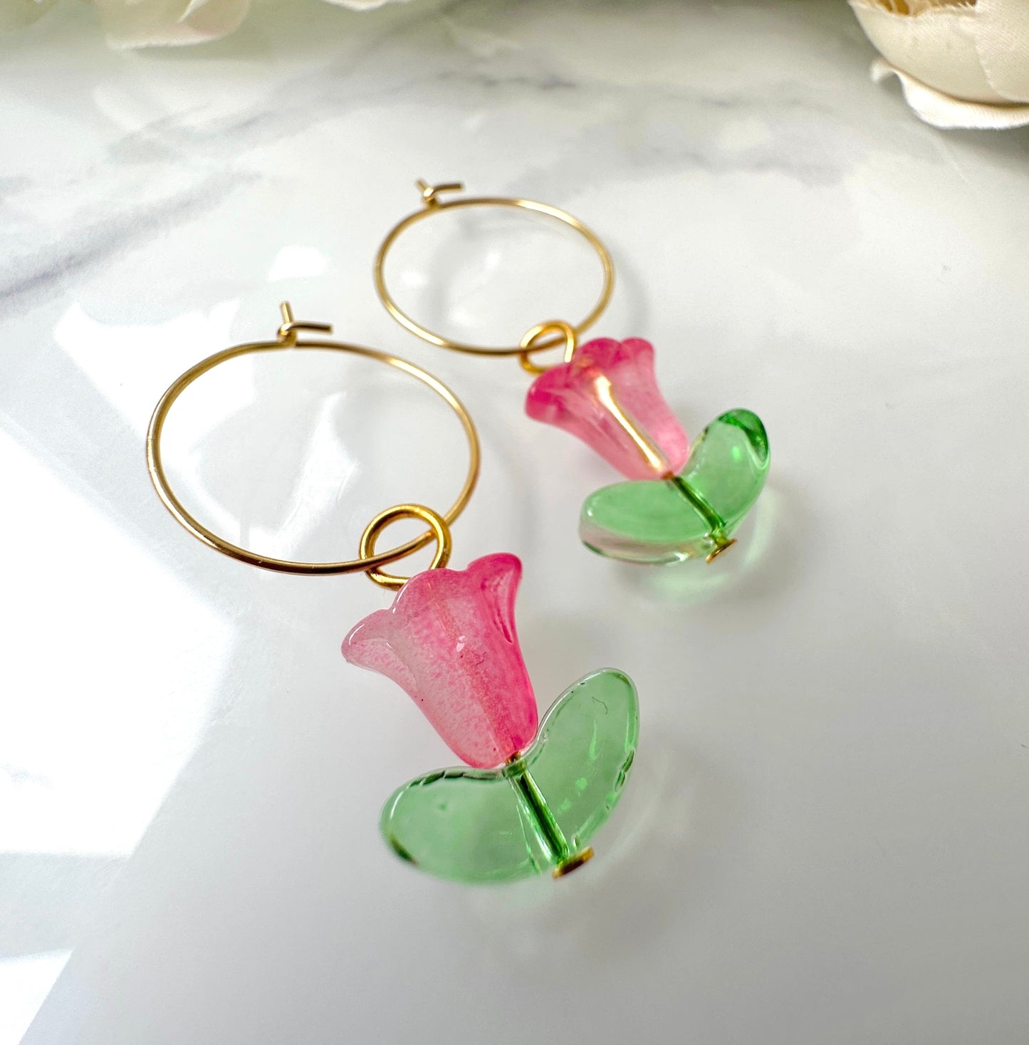 Gold Glass Tulip Flower Hoop earrings.