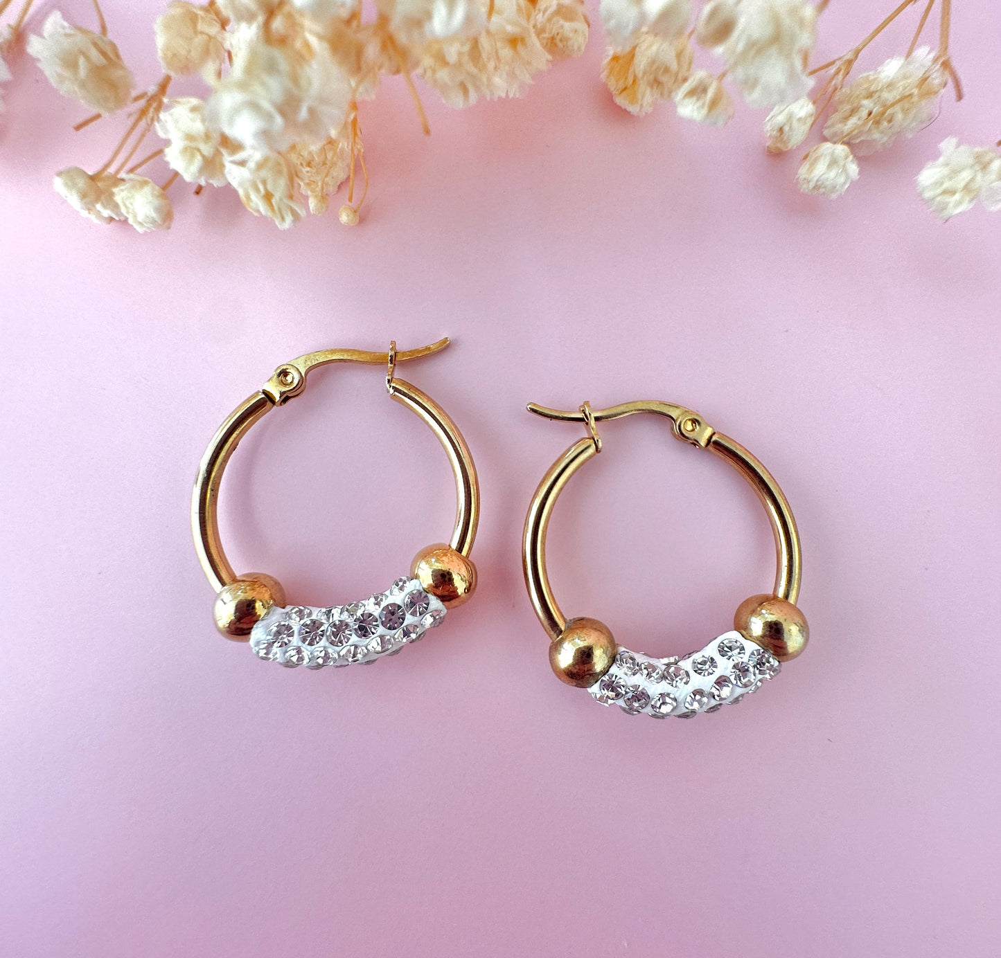 Gold white Diamanté Hoop earrings.