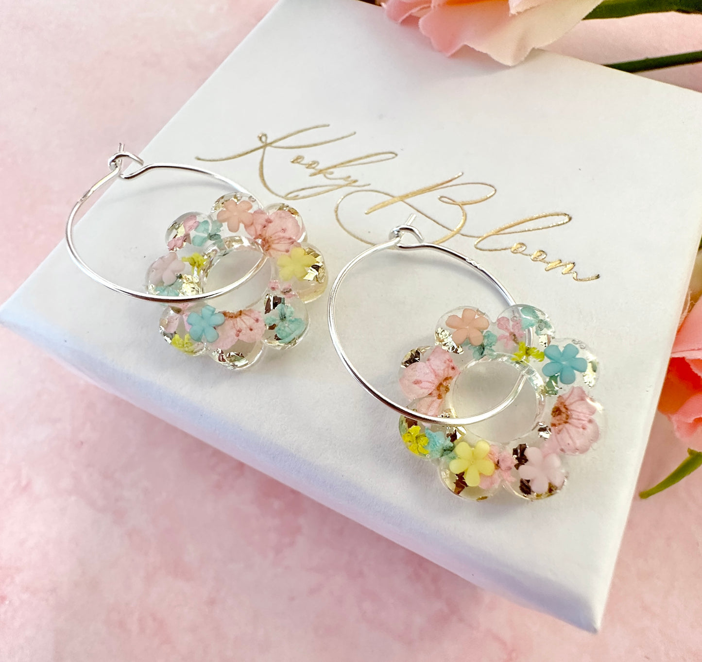 Ditsy Doily pastel Flower bloom earrings.