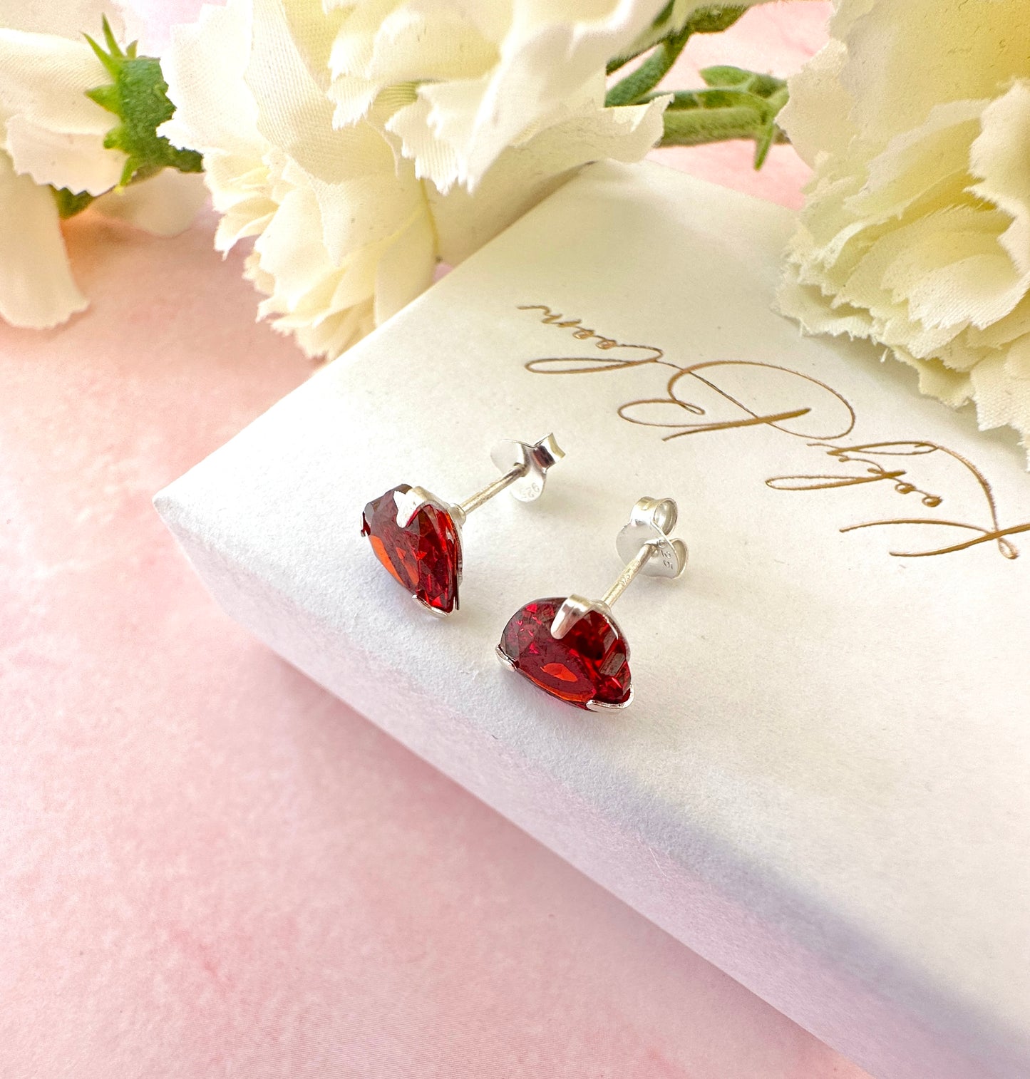 925 Sterling silver Red CZ Heart stud earrings.