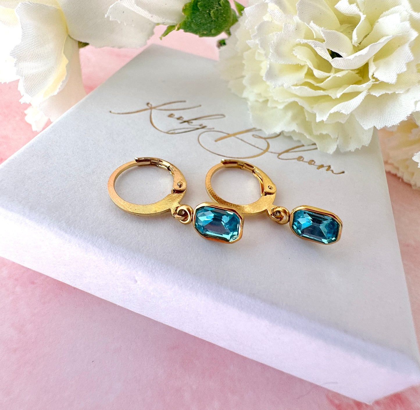 Gold Rectangle stone Huggie earrings.