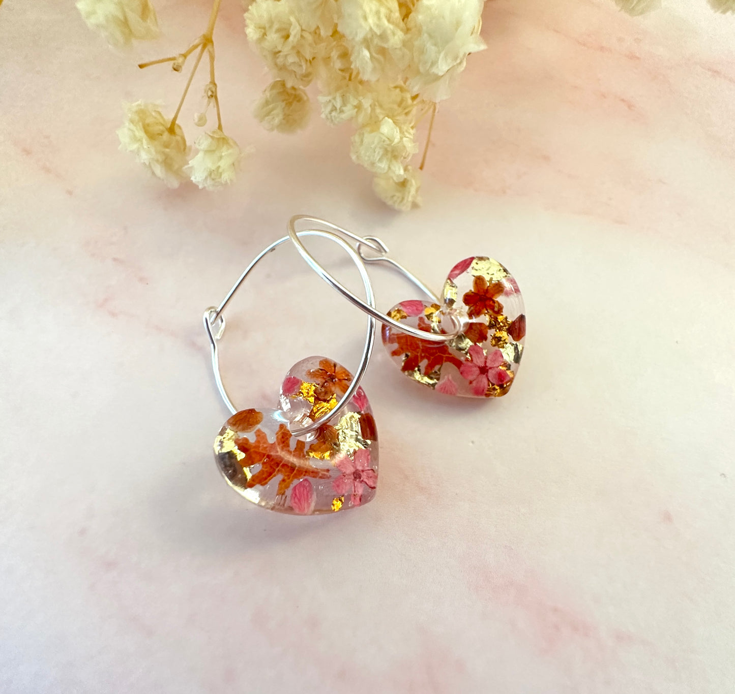 Raspberry ruffle Tiny heart hoop earrings.