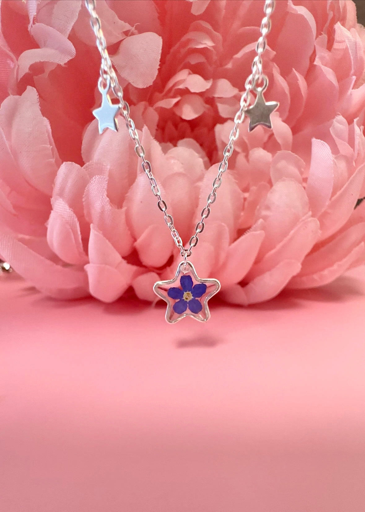 Forget me not flower Star charm 925 sterling silver necklace.