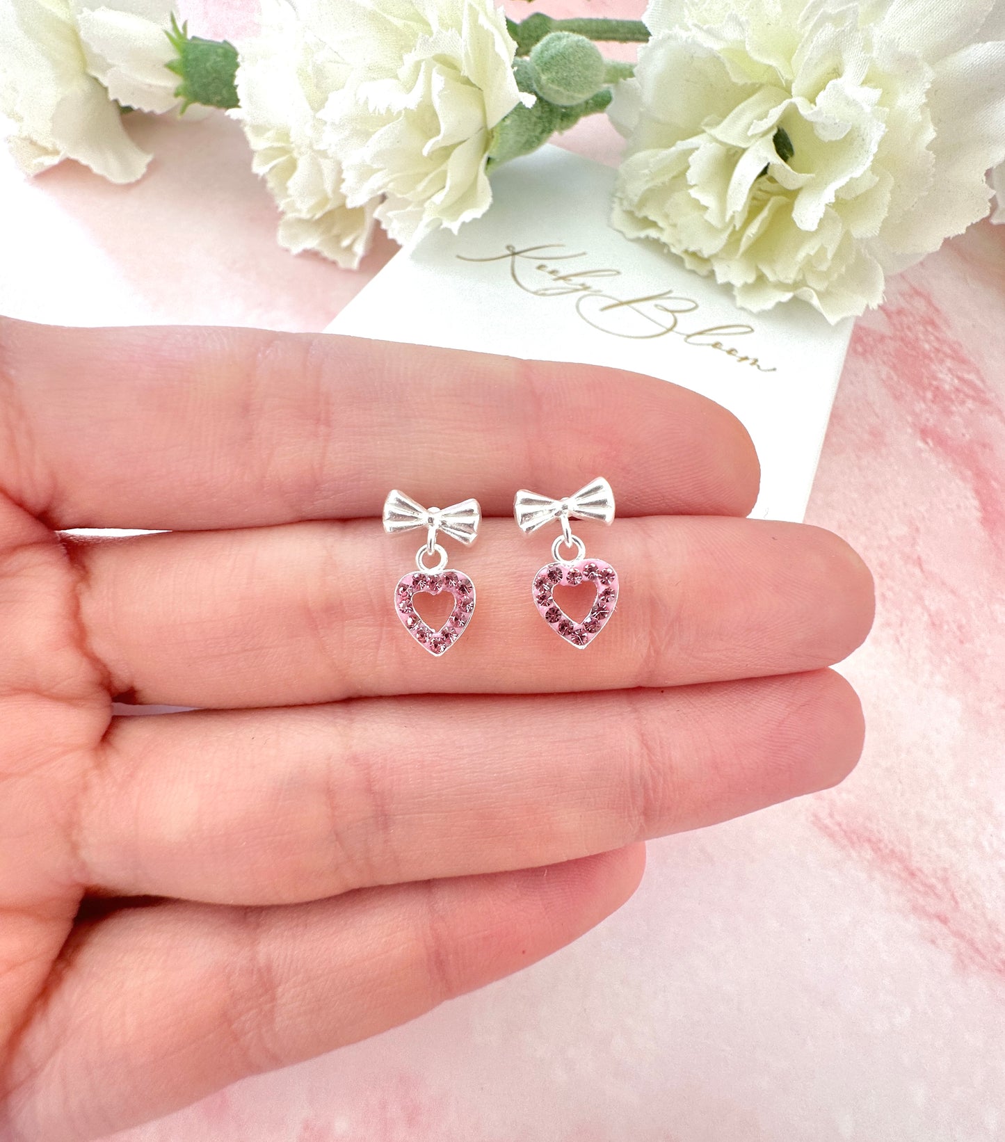 925 Sterling silver Bow Pink Heart Drop stud earrings.