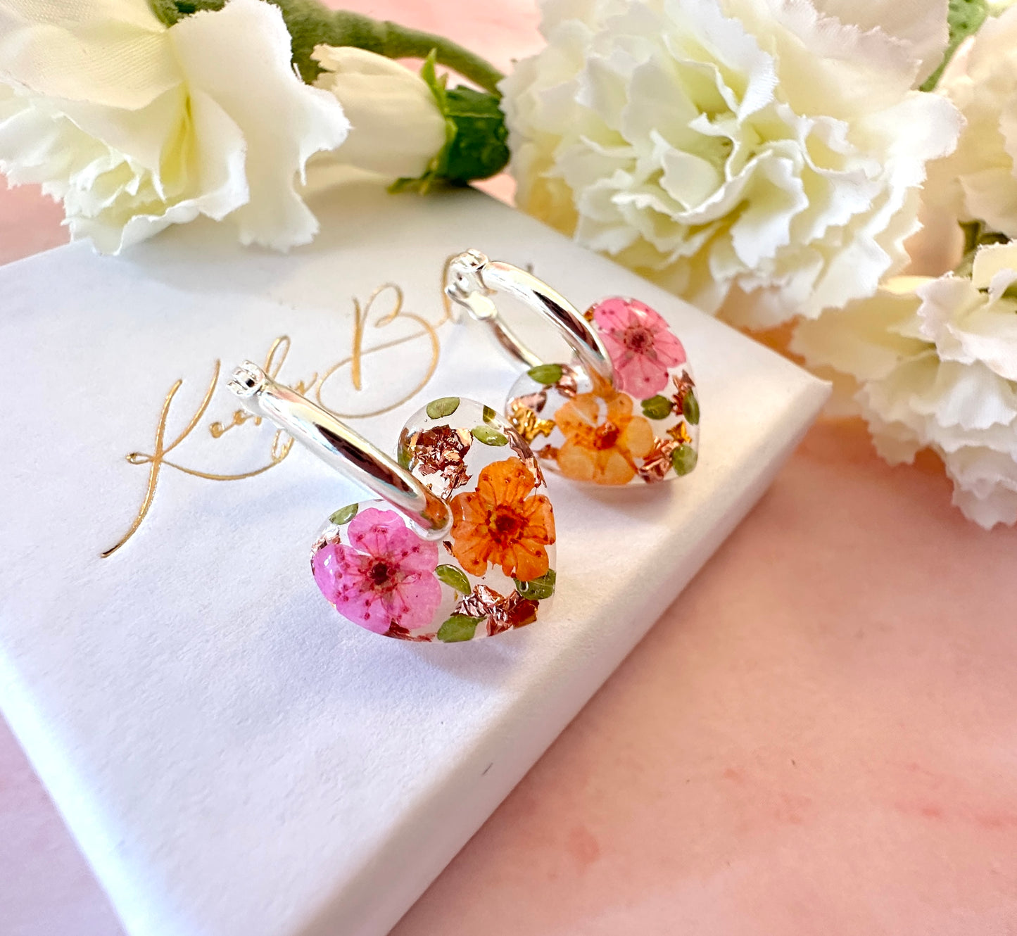 Mini Tangerine pink Flower Heart bloom earrings.