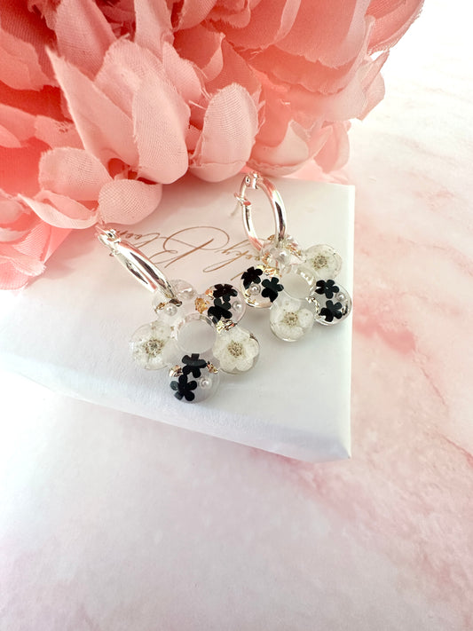 Monochrome Black white Bloom Flower hoop earrings.