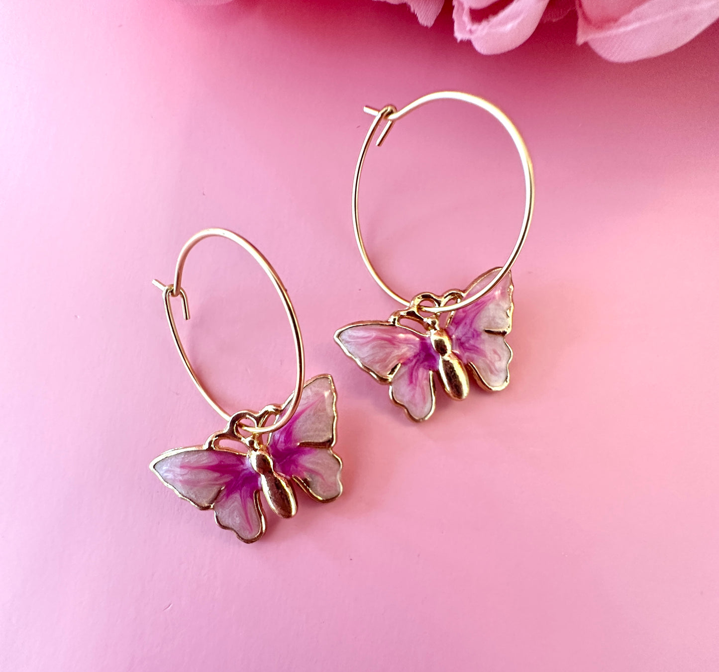 Gold Colourful Butterfly Hoop earrings.