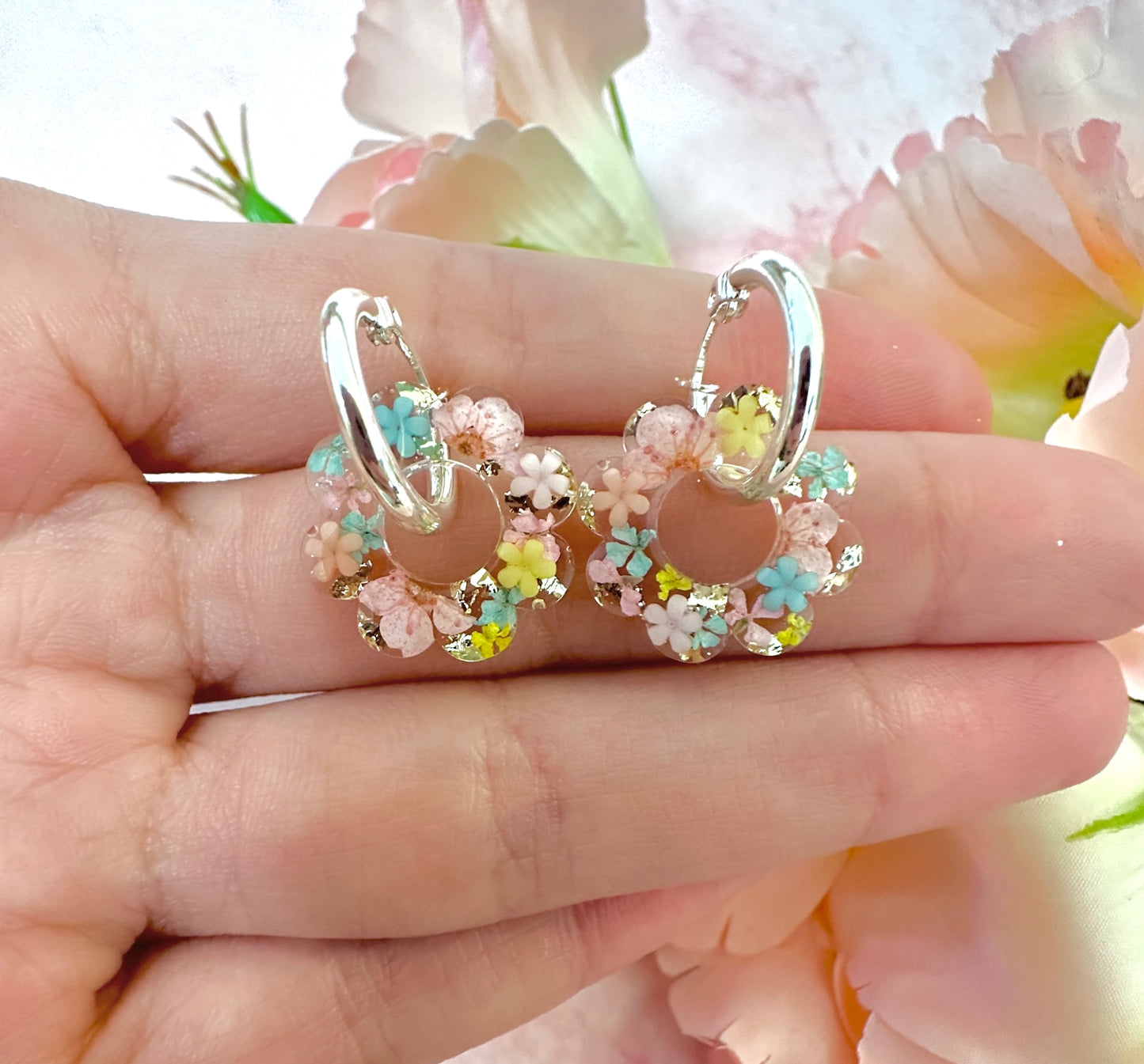 Ditsy Doily pastel Flower bloom earrings.