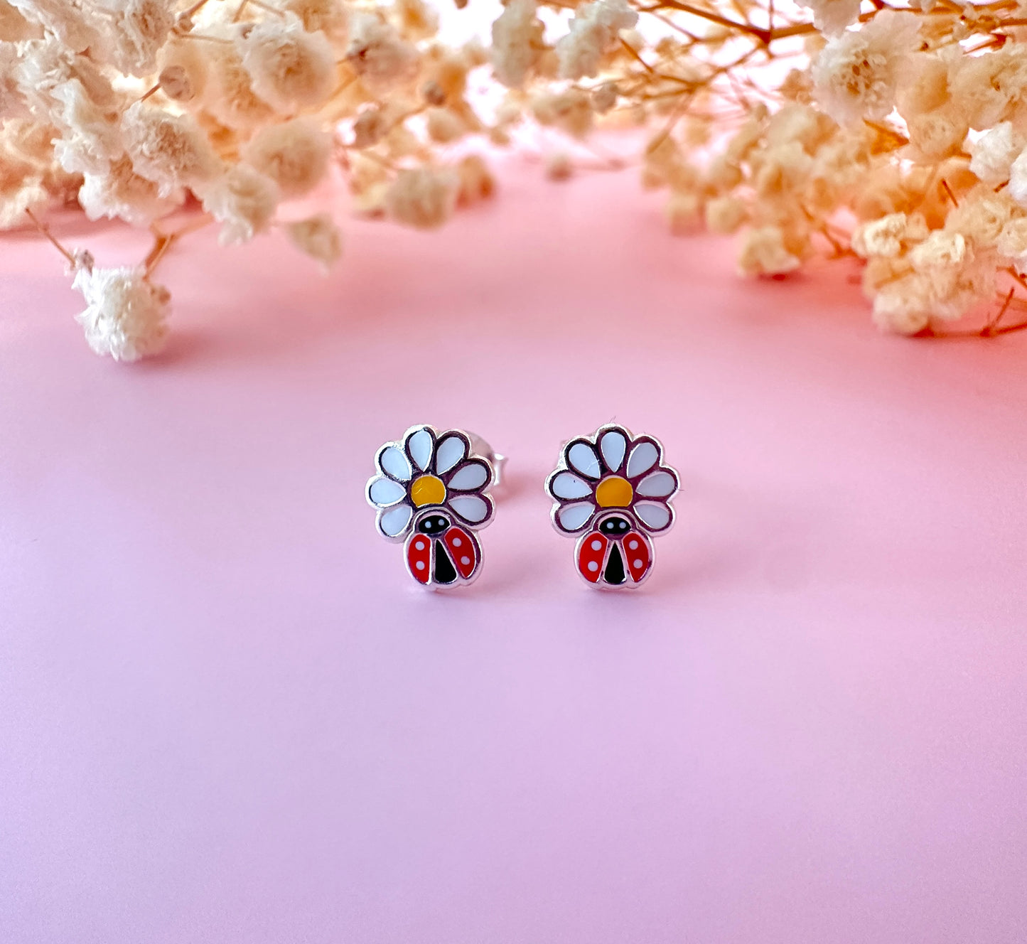 Kooky Kids Ladybird Daisy sterling silver earrings