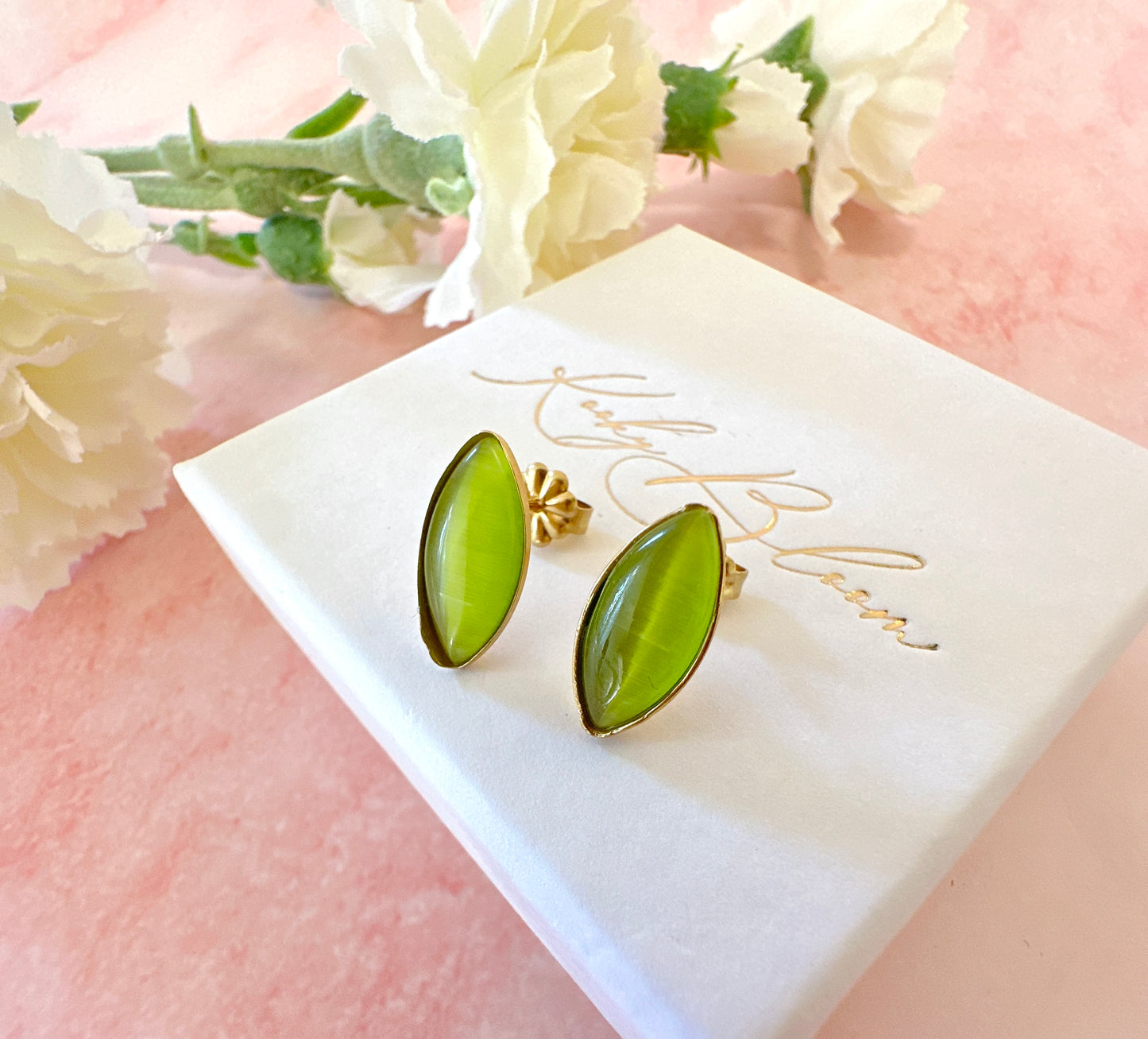 Gold Green Oval studs earrings.