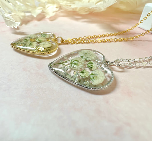 Silver Gypsophila flower Heart necklace.