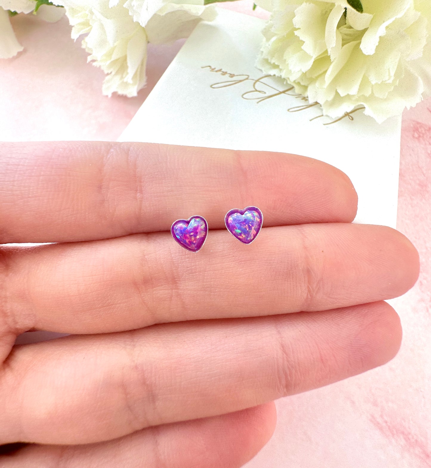 925 Sterling silver Purple Opal Heart stud earrings.