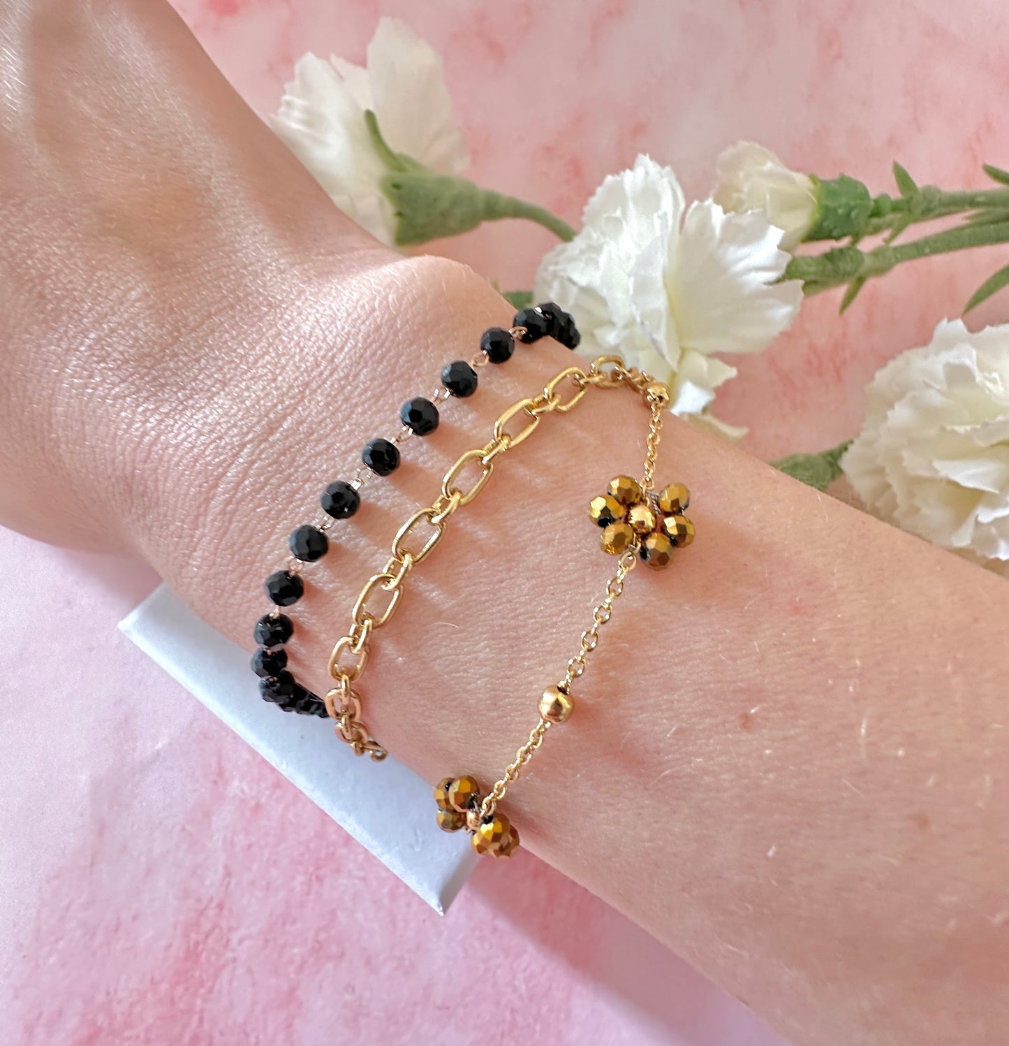 Gold & Black layered beaded Flower bracelet.