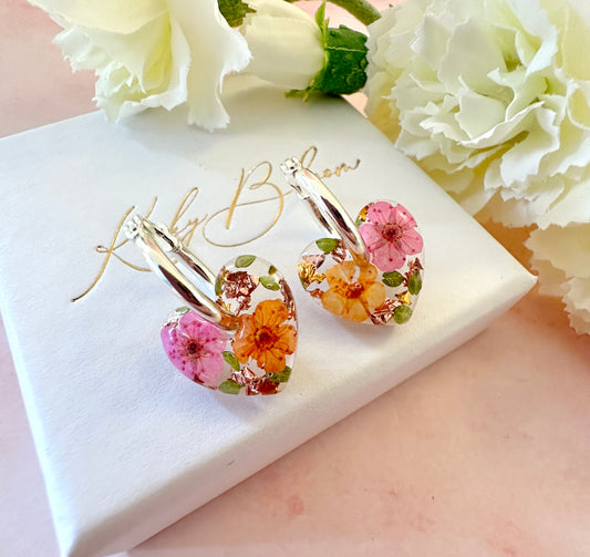 Mini Tangerine pink Flower Heart bloom earrings.