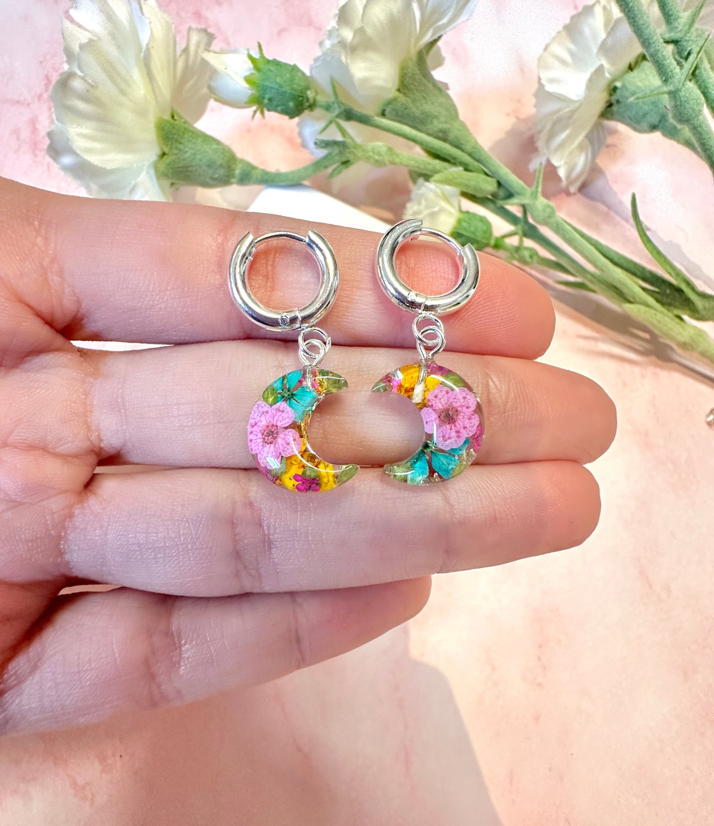 Tropical Moon flower huggie hoop earrings.