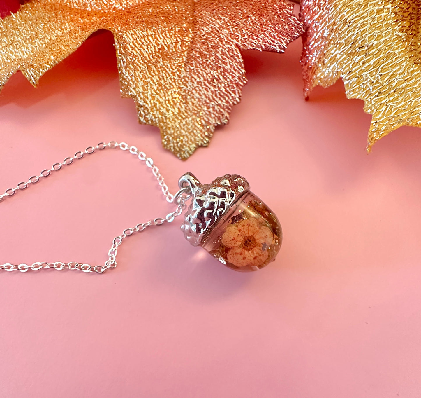 Silver real flower & Autumn leaf Acorn necklace.