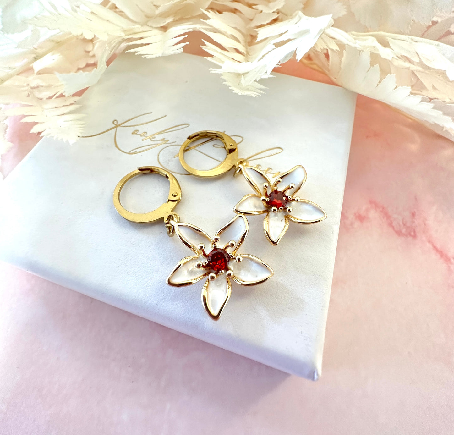 White Red Flower Gold huggie earrings.