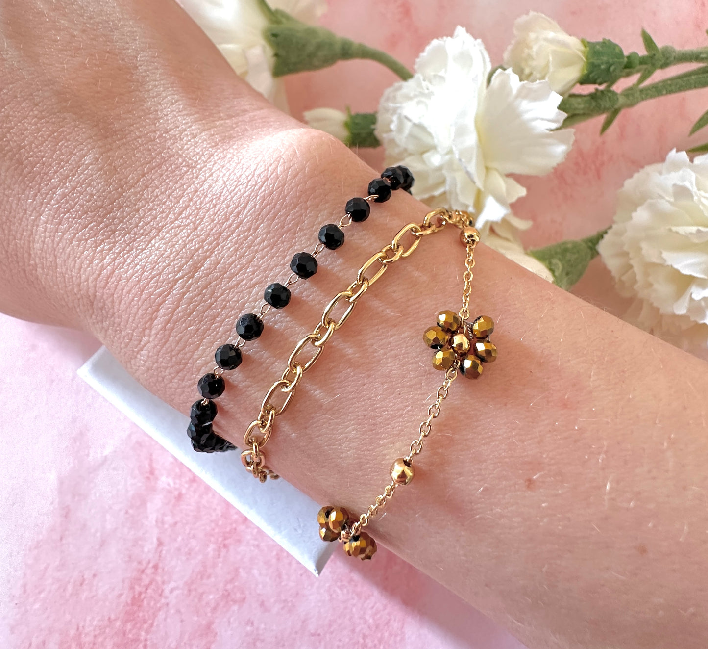 Gold & Black layered beaded Flower bracelet.