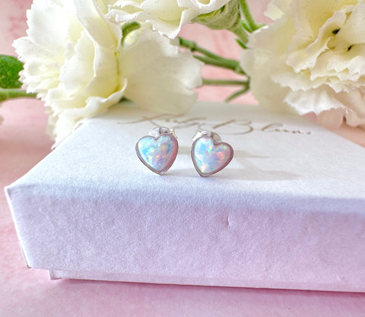 925 Sterling silver White Opal heart stud earrings.