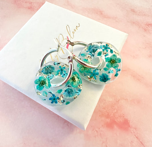 Turquoise Aqua flower bloom donut earrings.