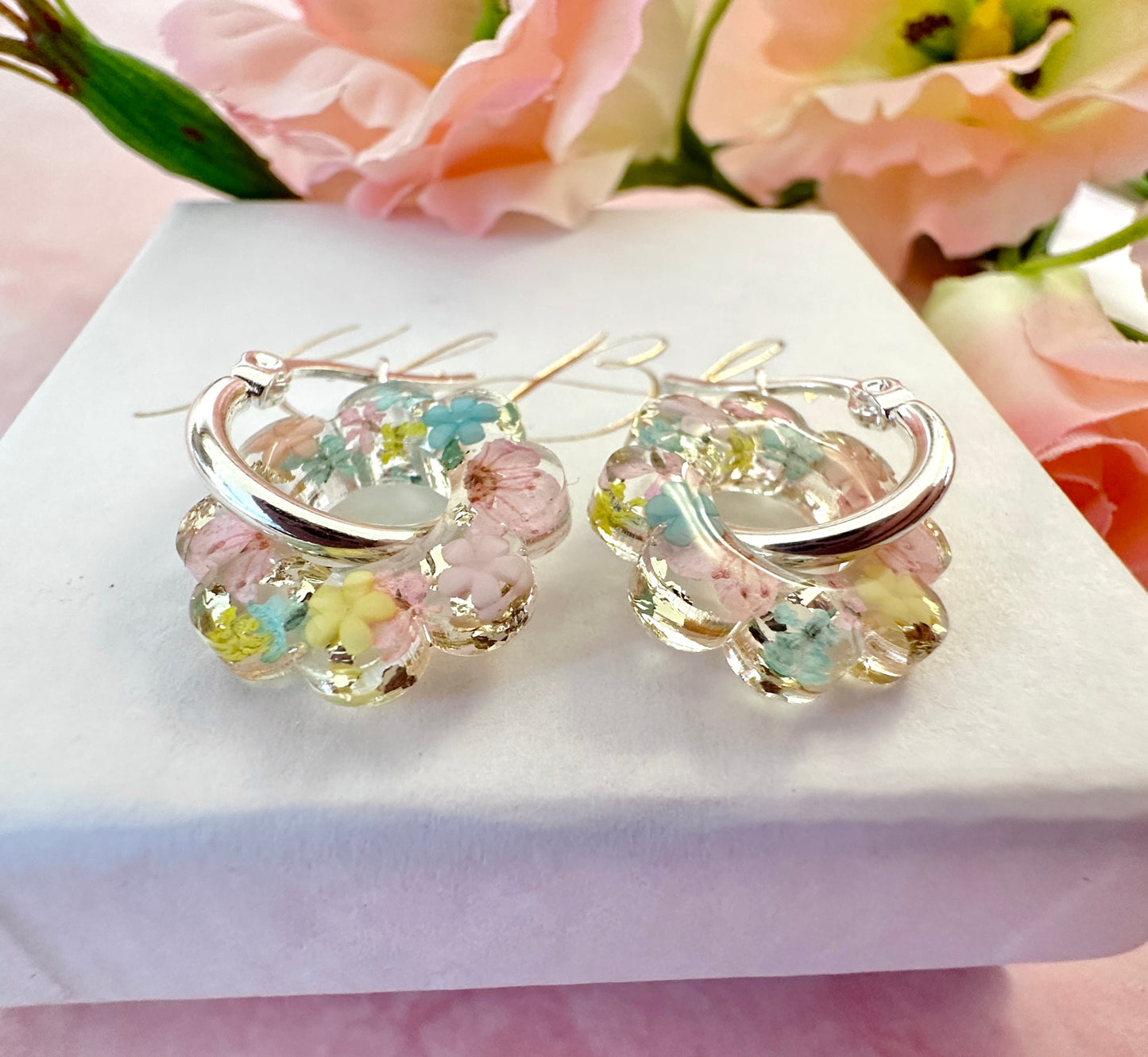 Ditsy Doily pastel Flower bloom earrings.