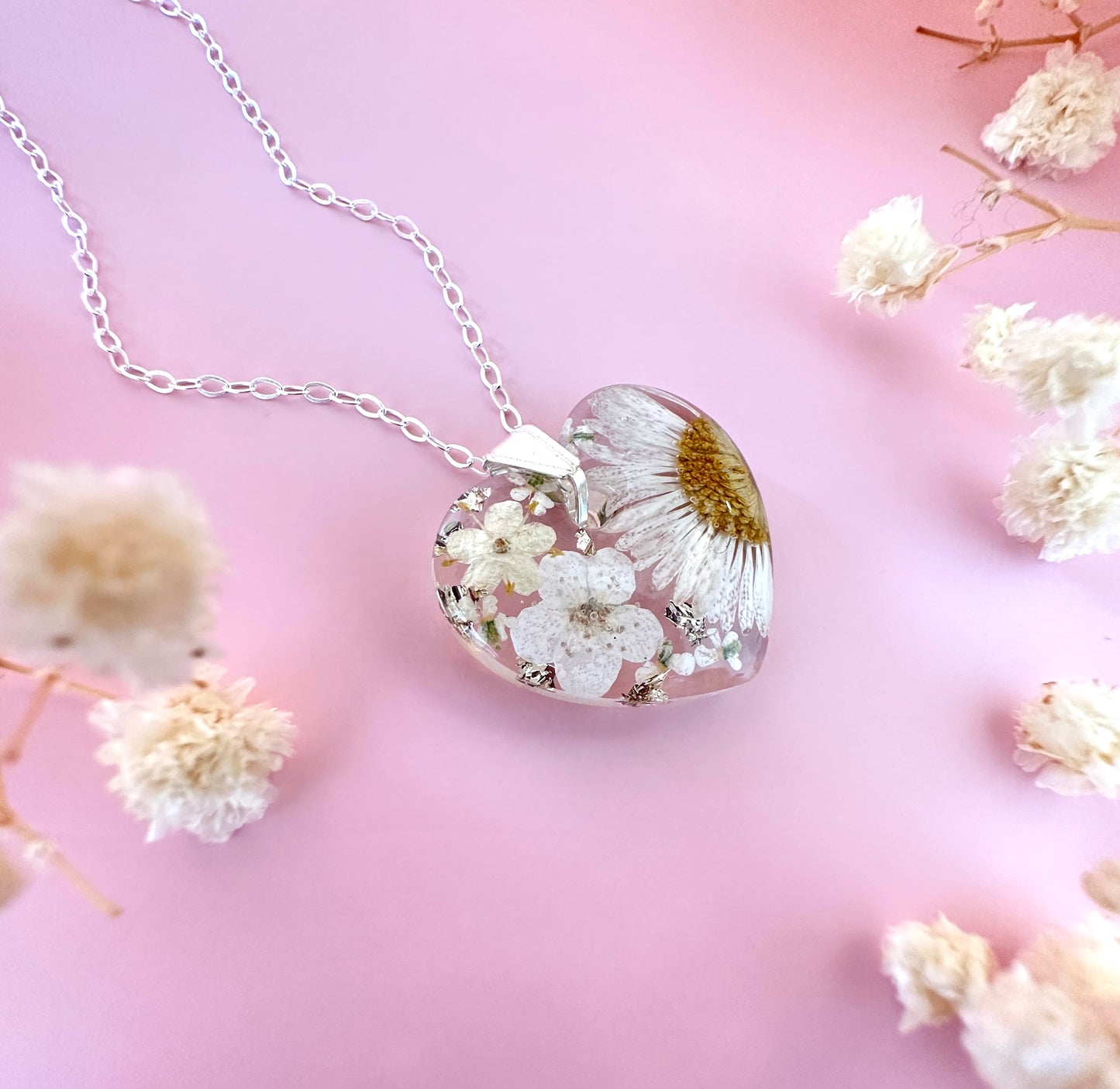 Pure White Daisy Heart silver necklace.