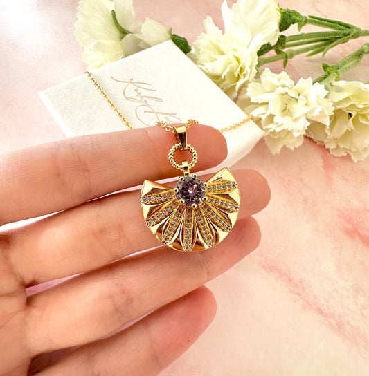 Gold CZ fan pendant Necklace.