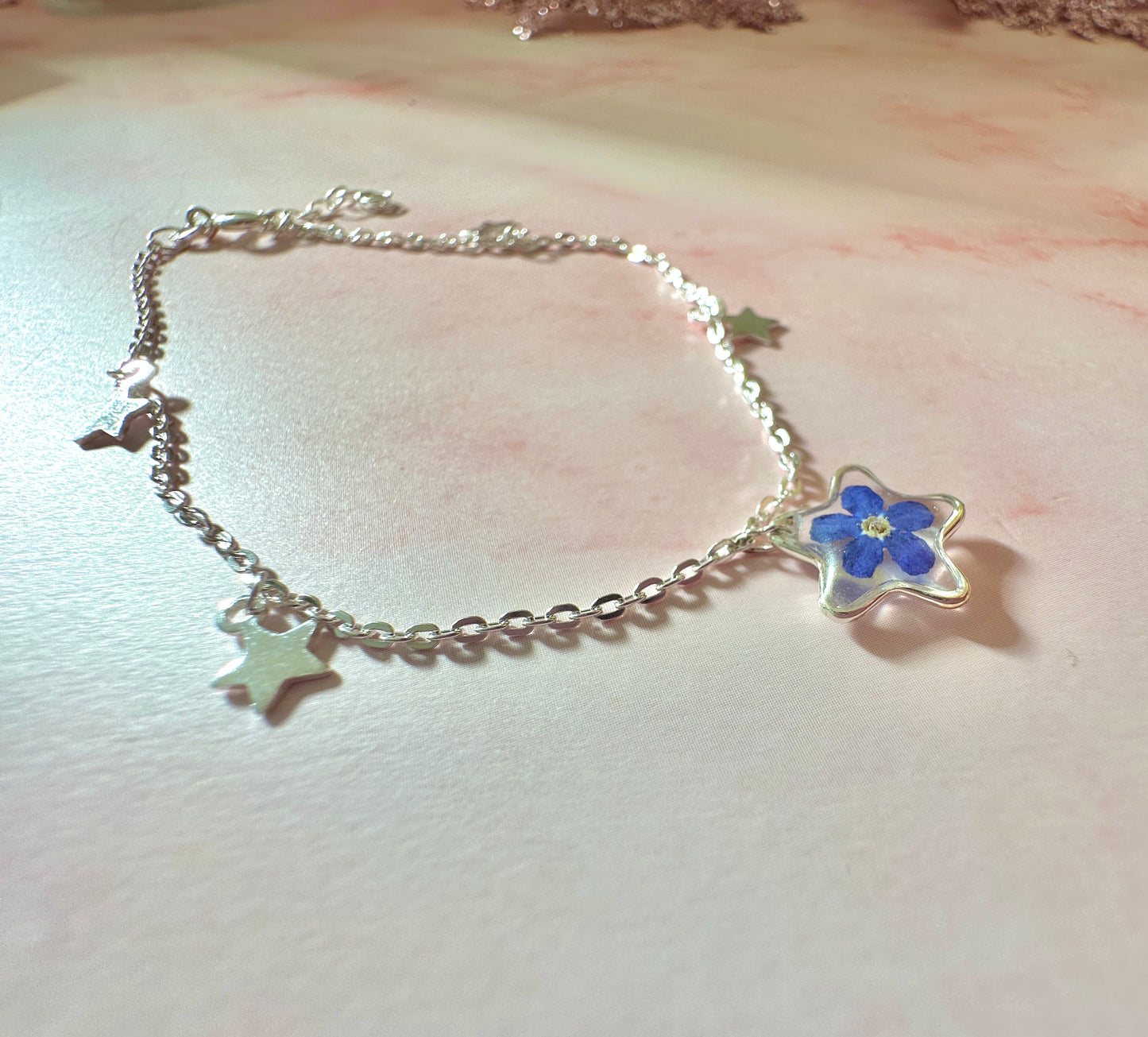 Forget me not flower Star Charm 925 sterling silver bracelet.